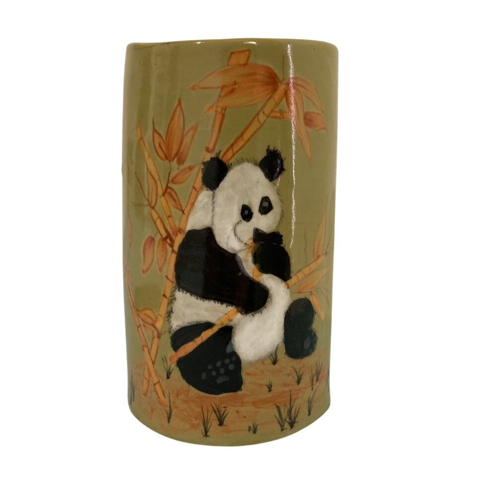 Vintage Hand Painted Bamboo Vase With Naïve Panda Design
